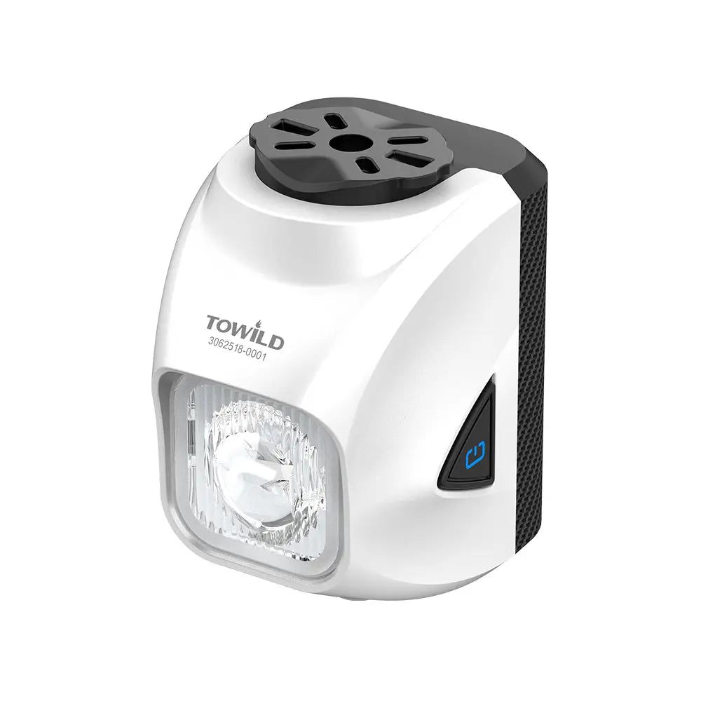 The white Towild DL1200S aerodynamic road bike light, showing its sleek, wind-breaking design and anti-glare lens.