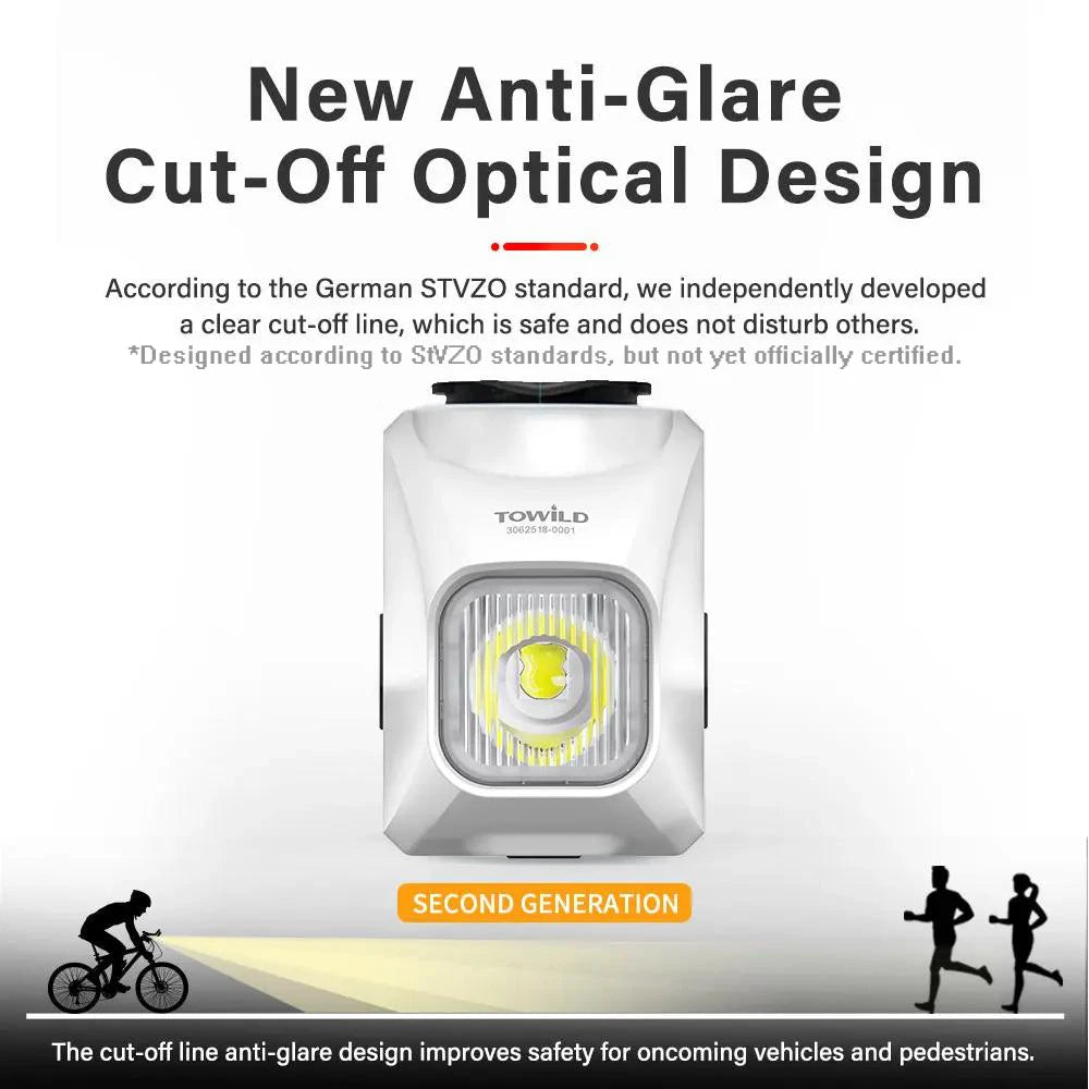 A diagram explaining the Towild DL1200S anti-glare cut-off beam, which is designed according to German StVZO standards to create a safe beam that doesn't blind oncoming traffic.