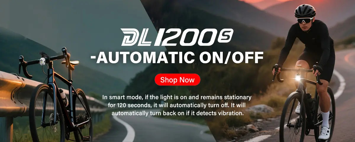 Homepage banner featuring a cyclist riding at sunset with the TOWILD DL1200S bike light, showcasing its smart automatic on/off feature that works with a vibration sensor.