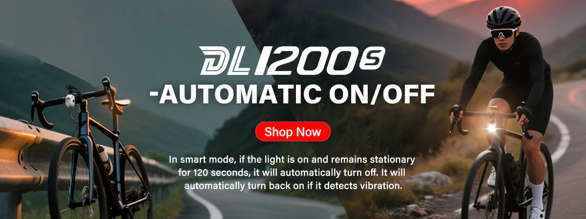 Homepage banner featuring a cyclist riding at sunset with the TOWILD DL1200S bike light, showcasing its smart automatic on/off feature that works with a vibration sensor.