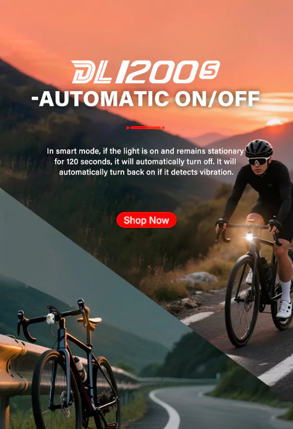 Homepage banner featuring a cyclist riding at sunset with the TOWILD DL1200S bike light, showcasing its smart automatic on/off feature that works with a vibration sensor.