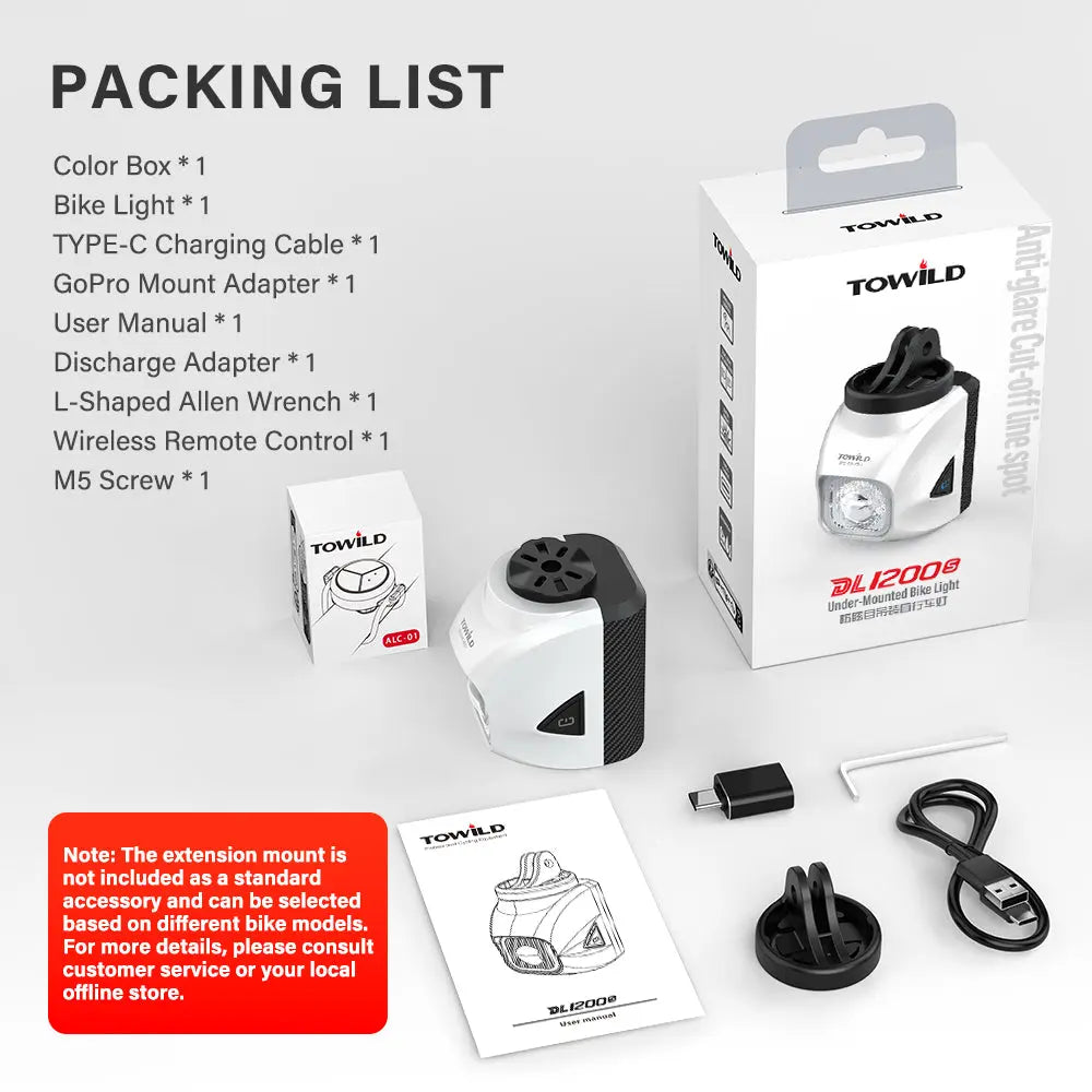 The complete package contents for the Towild DL1200S, showing the bike light, its retail box, the included wireless remote control, GoPro mount adapter, and charging accessories.