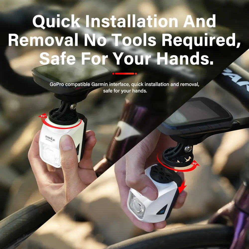 A diagram demonstrating the quick, tool-free installation of the Towild DL1200S bike light, which uses its GoPro-compatible base to twist and lock onto a Garmin-style mount.