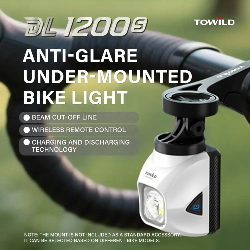 A promotional image for the Towild DL1200S under-mounted bike light, listing its main features: an anti-glare beam cut-off line, wireless remote control, and power bank technology.