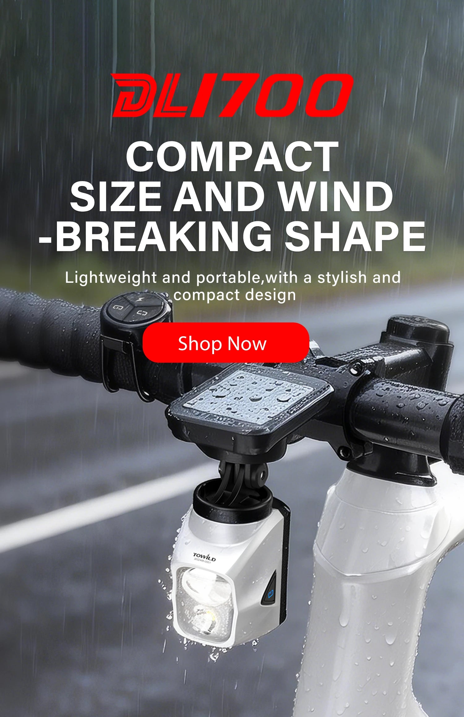 Towild DL1700 compact bike light shown in rainy conditions. Lightweight wind-breaking shape designed for under-mount installation on racing bikes.
