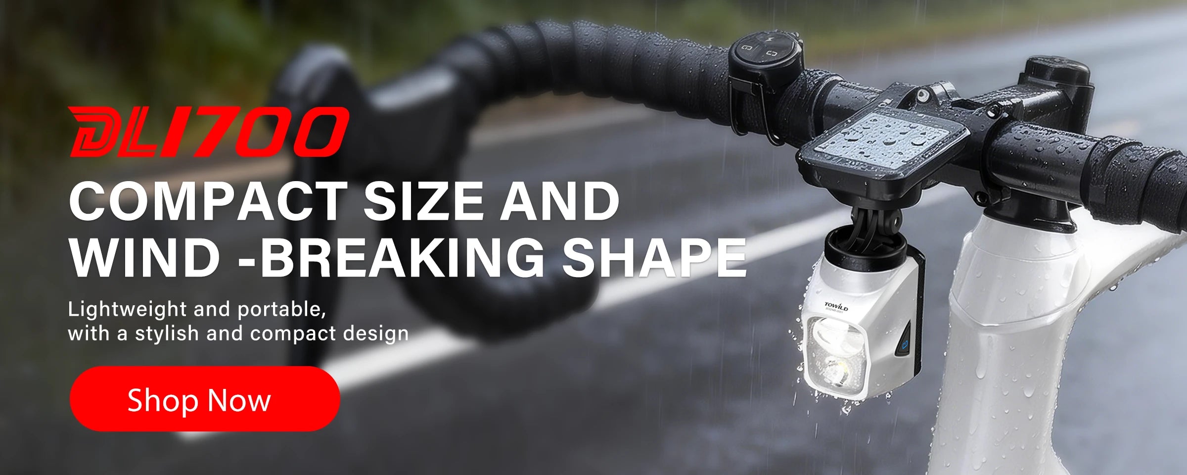 Close-up of Towild DL1700 mounted under a GPS computer. Dual beam source racing light with stylish wind-breaking design and waterproof performance.