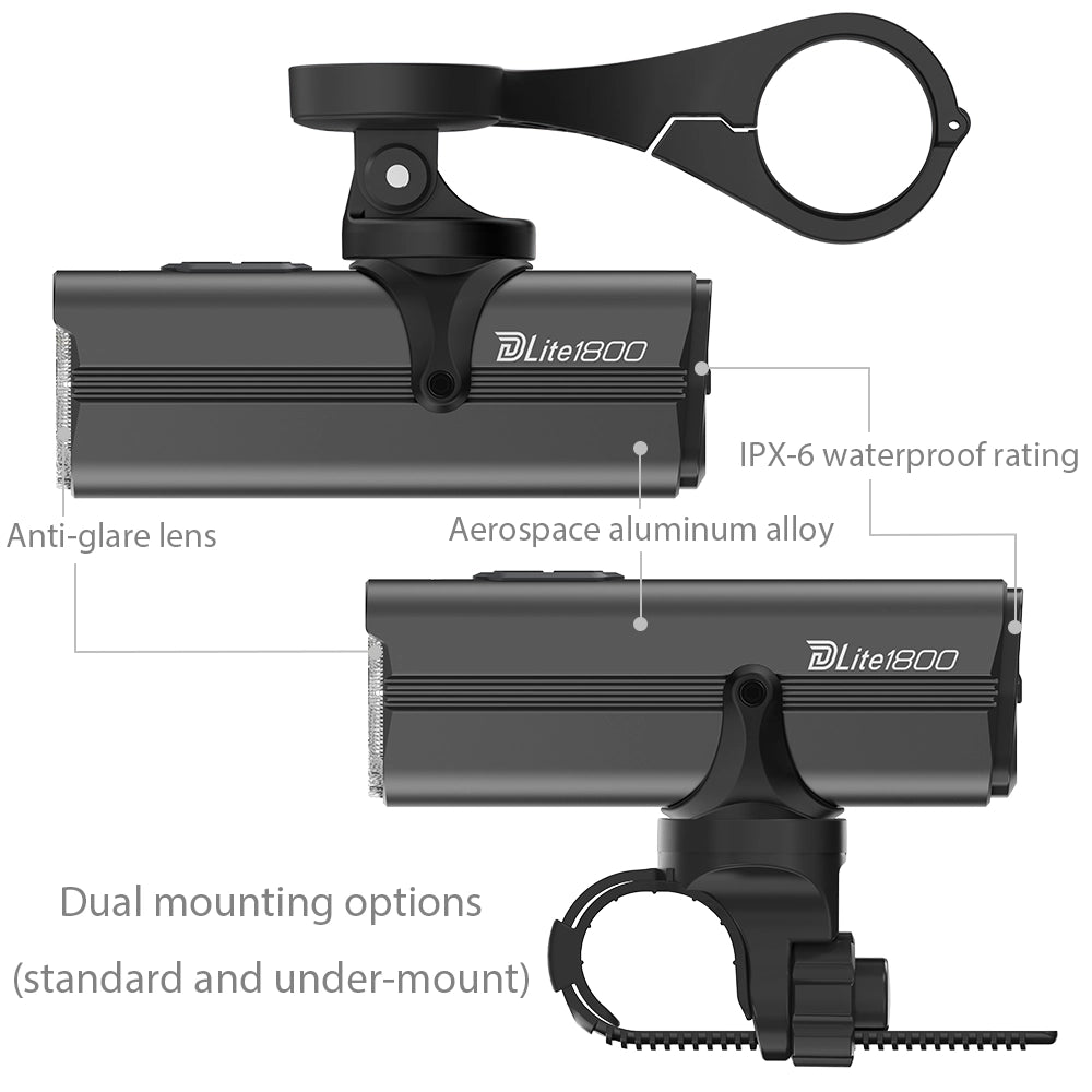 Detailed structure diagram of Towild DLite 1800 bike light. Highlights key features: dual light source system, anti-glare lens, IPX-6 waterproof rating, and aerospace aluminum alloy body.