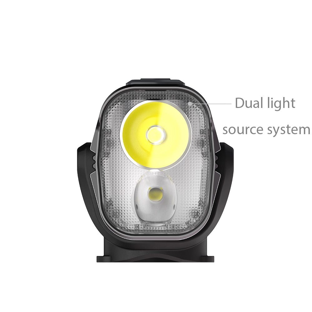 Close-up of the dual light source system on Towild DLite 1800. Shows the independent floodlight (top) and focus beam (bottom) lenses for all-terrain visibility.