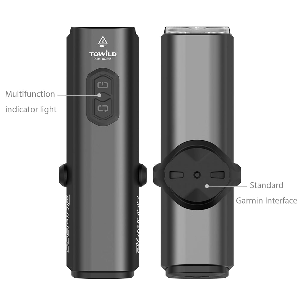 Front and back view of Towild DLite 1800. Features a multifunction battery indicator button and a standard Garmin quarter-turn interface for universal mounting.