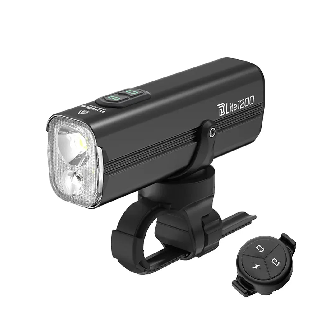 The TOWILD Dlite1200 rechargeable bike light shown next to its compact wireless remote control.