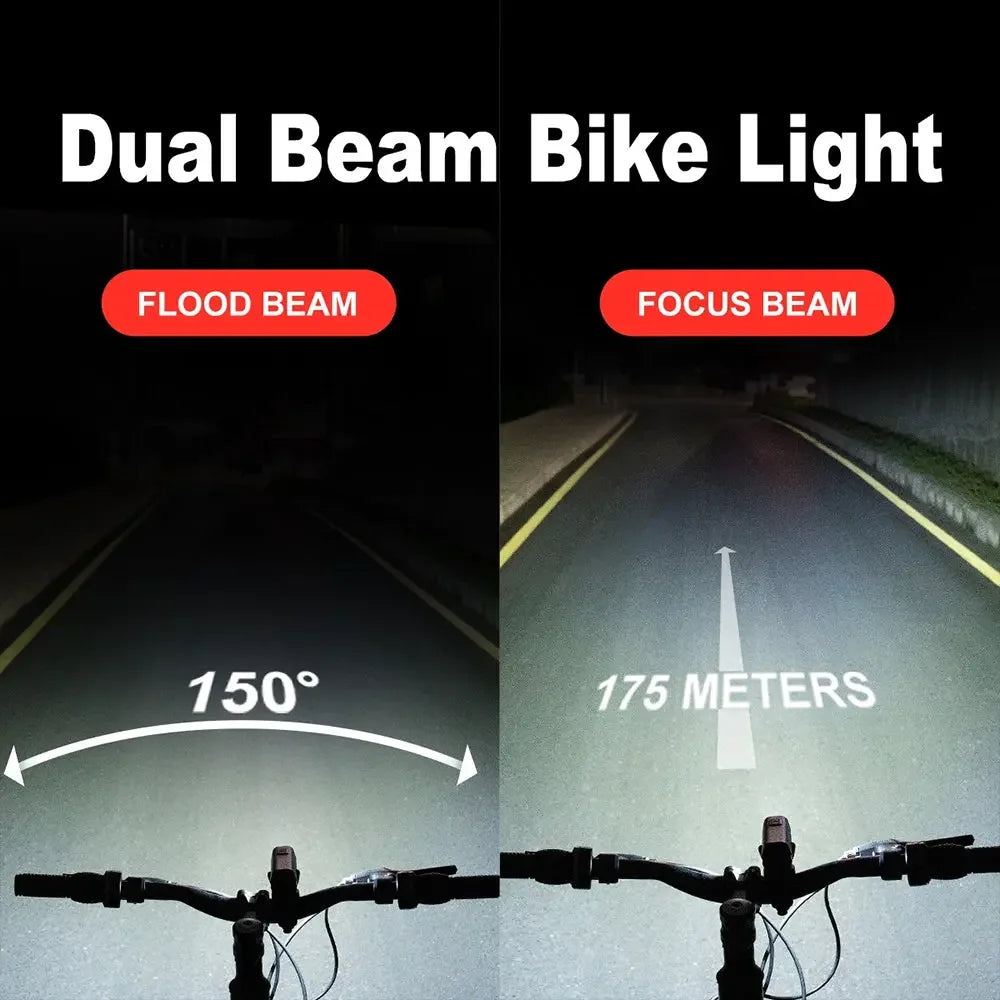 A comparison showing the TOWILD Dlite1200's wide 150-degree flood beam versus its long-range 175-meter focus beam.
