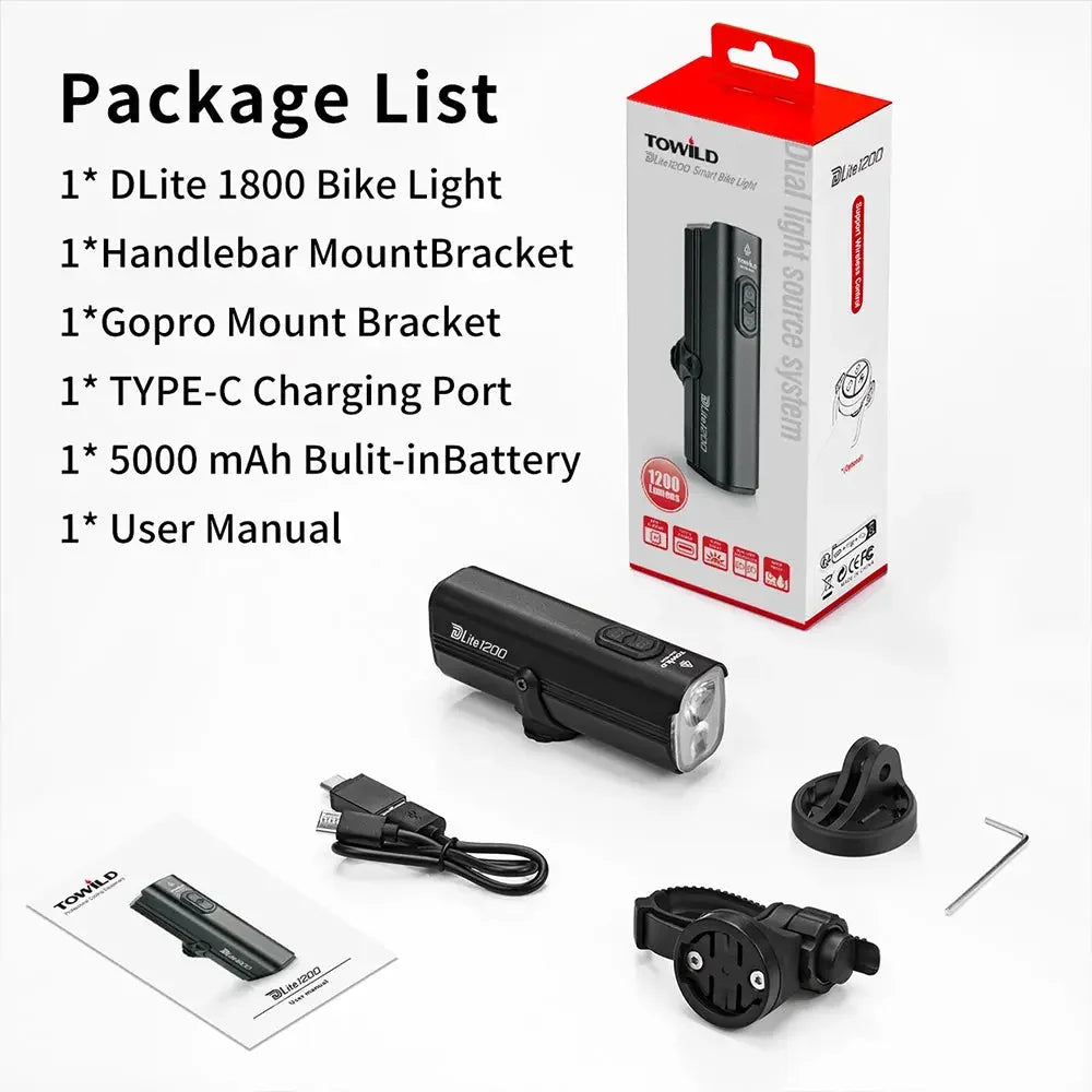 The complete package contents for the TOWILD Dlite1200, including the light, mounts, remote, and charging cable.