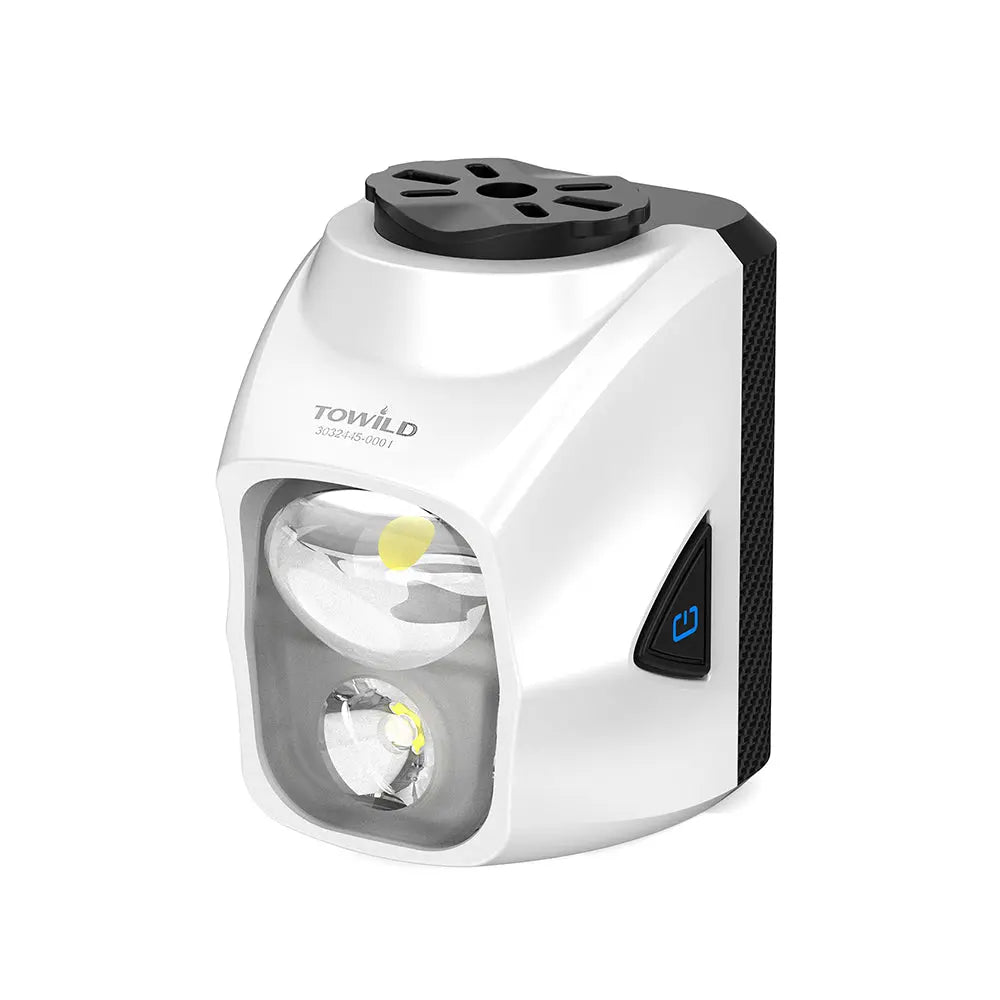 The White Towild DLite1700 dual beam bike light, showing its distinct high beam (focus) and low beam (flood) lenses and aerodynamic design.