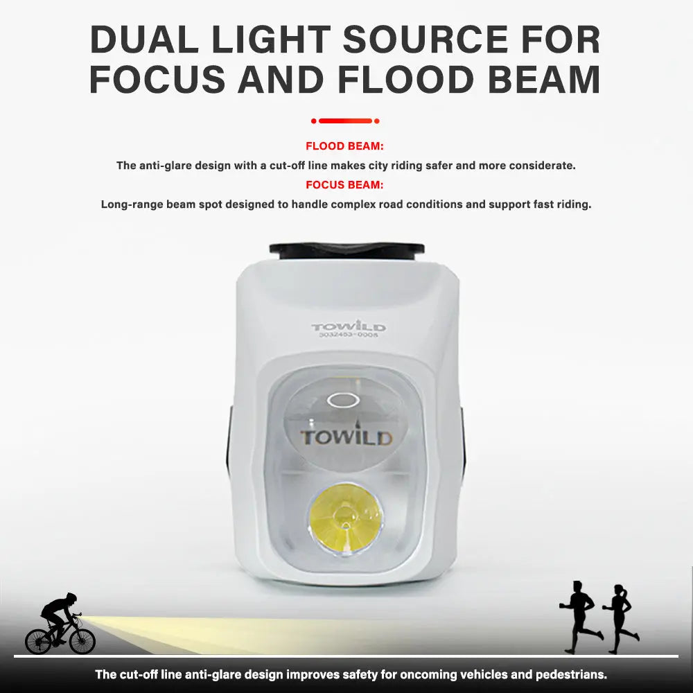 An infographic explaining how the Towild DLite1700's anti-glare flood beam features a sharp cut-off line, ensuring safer city riding by illuminating the road without dazzling oncoming pedestrians and vehicles.
