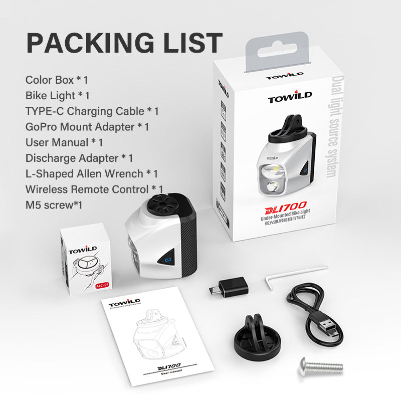 The complete package contents for the Towild DLite1700 dual beam bike light, showing the light, its box, the included wireless remote, GoPro mount adapter, and all charging/discharging accessories.