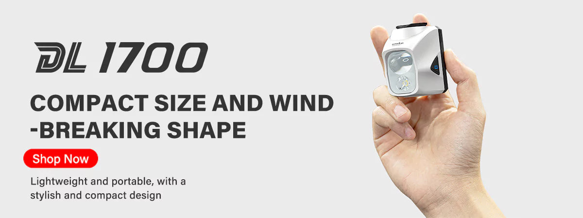 Homepage banner showing a hand holding the white TOWILD DLlite1700 bike light to emphasize its compact size and stylish, wind-breaking aerodynamic shape.