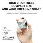 A hand holding the compact and lightweight Towild DLite1700 bike light, showcasing its powerful 1700-lumen output in a 158g, aerodynamic body.