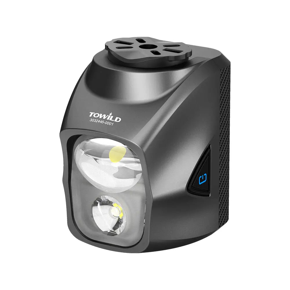 The black Towild DLite1700 dual beam bike light, showing its distinct high beam (focus) and low beam (flood) lenses and aerodynamic design.