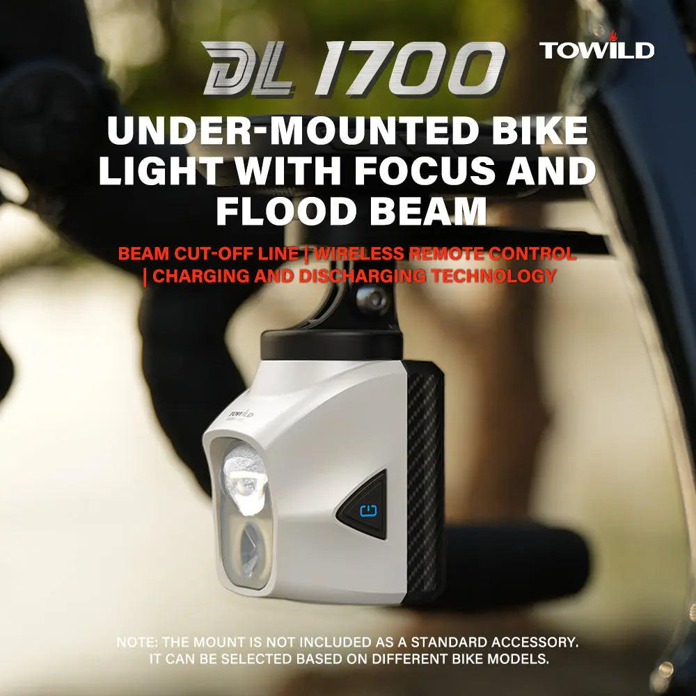 A promotional image for the white Towild DLite1700 dual beam bike light, highlighting its main features: a focus and flood beam, anti-glare cut-off line, wireless remote, and power bank technology.