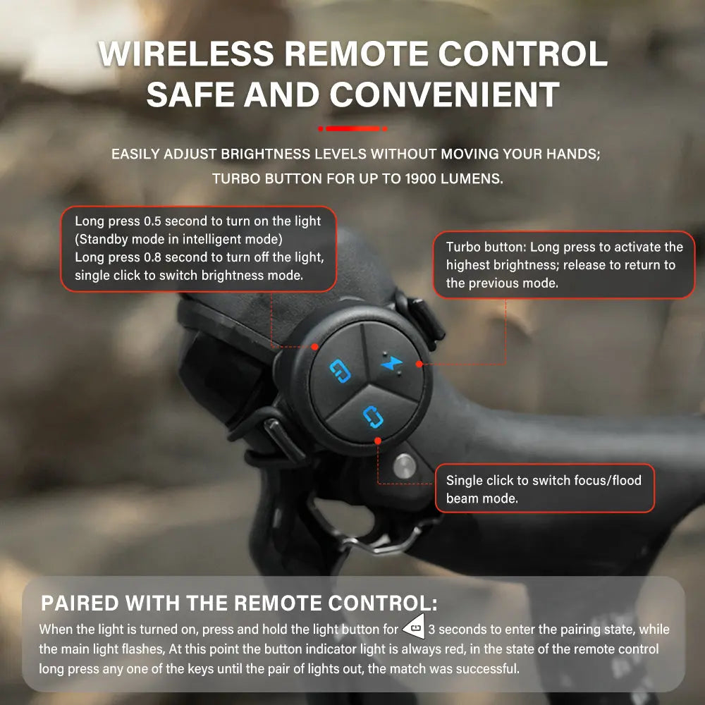 An infographic explaining the functions of the Towild ALC wireless remote for the DLite1700, including how to switch between the focus (high) and flood (low) beams, activate turbo mode, and pair the device for safe, hands-on-the-bar control.