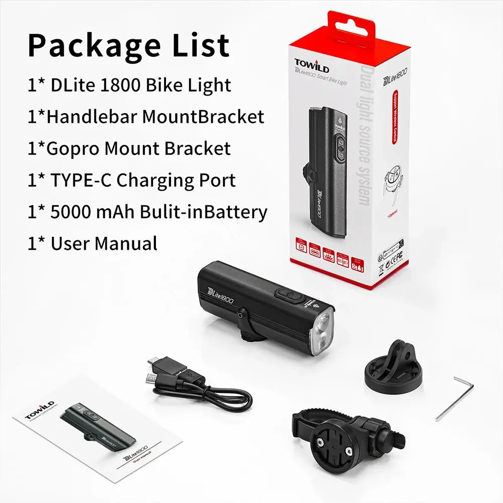 The complete package list for the TOWILD DLite1800, showing the retail box, the light, handlebar mount, GoPro mount bracket, Type-C cable, and user manual.