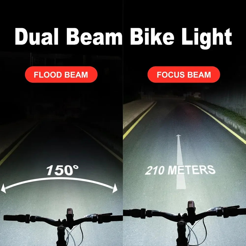 A comparison of the TOWILD DLite1800's dual beams: the Flood Beam shows a wide 150-degree spread for close-range visibility, while the Focus Beam shows a long 210-meter throw for distance.