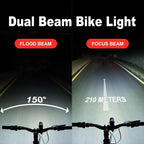A comparison of the TOWILD DLite1800's dual beams: the Flood Beam shows a wide 150-degree spread for close-range visibility, while the Focus Beam shows a long 210-meter throw for distance.
