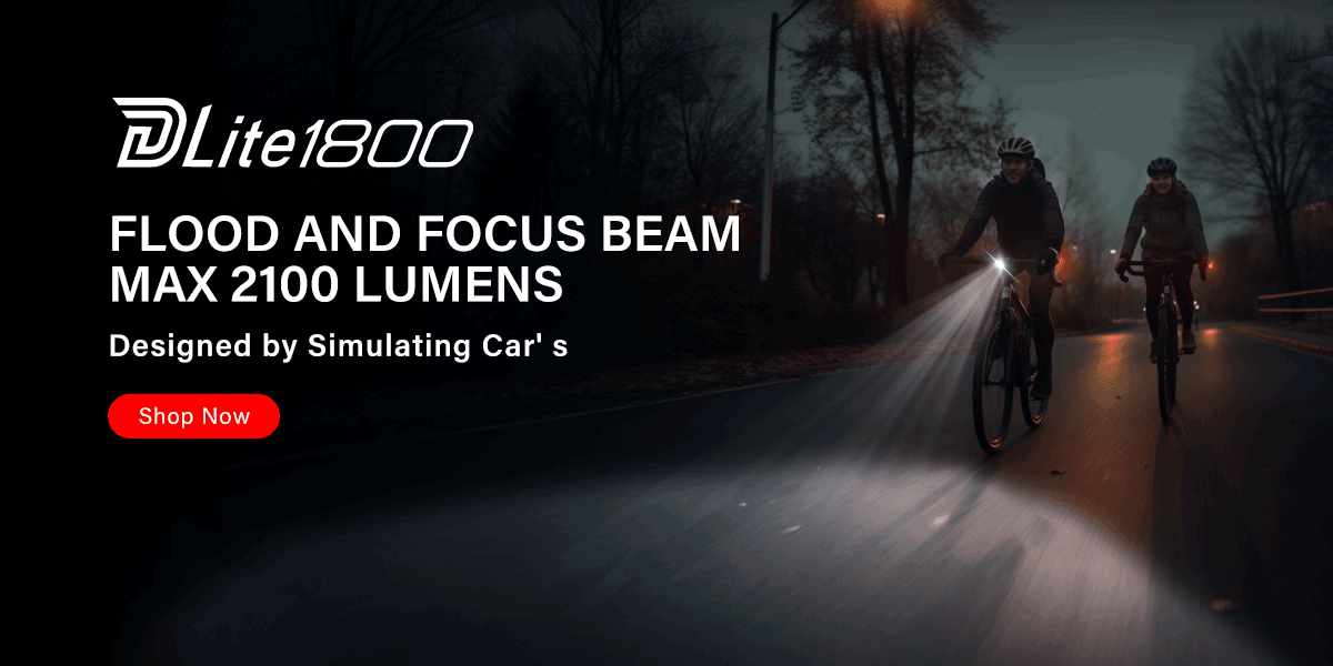 An animated GIF showing the TOWILD DLite1800 bike light in action at night, demonstrating the instant switch between its wide Flood Beam for urban riding and its powerful, long-distance Focus Beam with a max of 2100 lumens.
