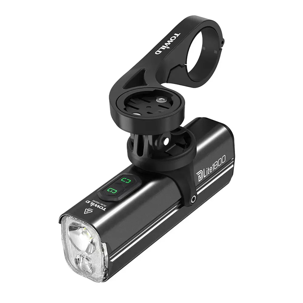 The TOWILD DLite1800 bike light shown under-mounted on a bike computer combo mount, creating a clean, professional, and integrated look on the handlebar.