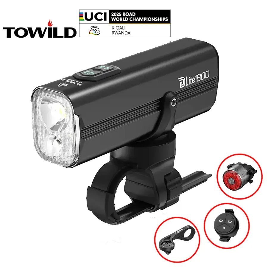 The TOWILD DLite1800 bike light, featured in the 2025 UCI Road World Championships promotional package, shown with all included free gifts: the TL05 tail light, the AS90 mount, and the ALC remote controller.