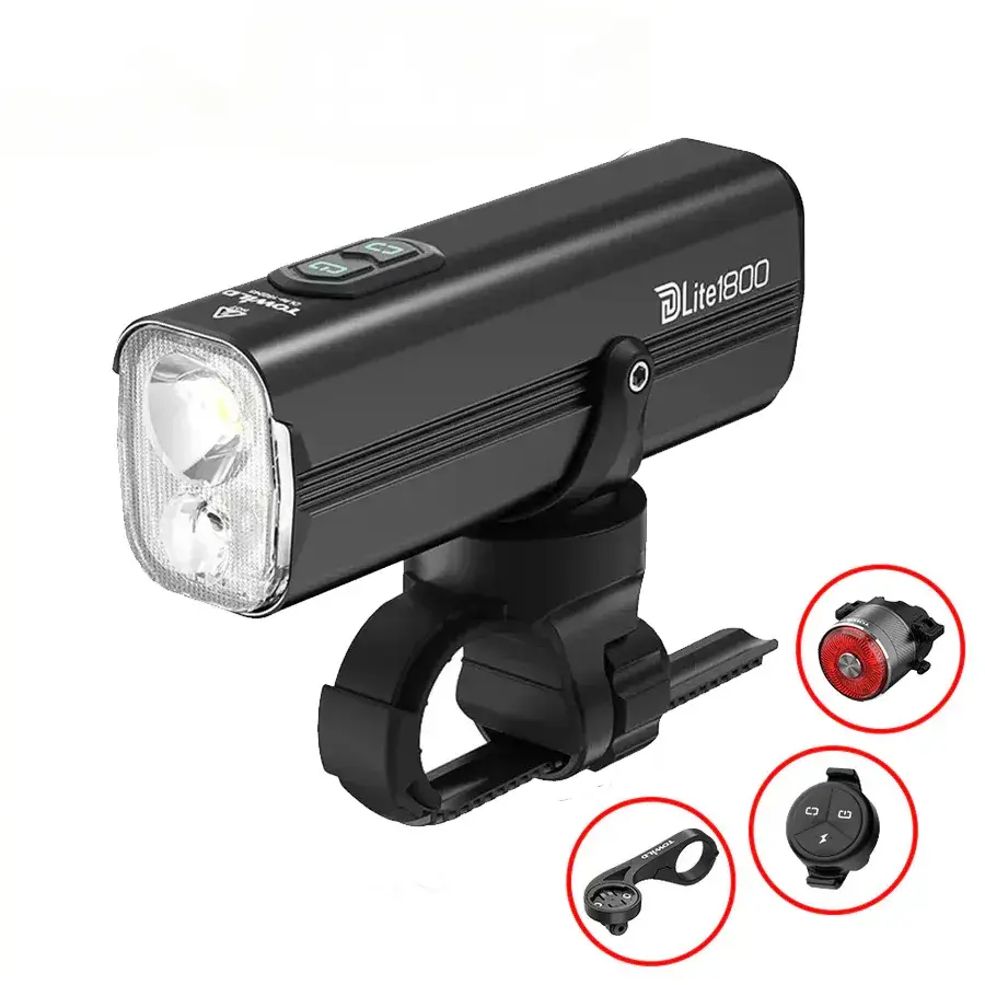 The TOWILD DLite1800 bike light, featured in the 2025 UCI Road World Championships promotional package, shown with all included free gifts: the TL05 tail light, the AS90 mount, and the ALC remote controller.