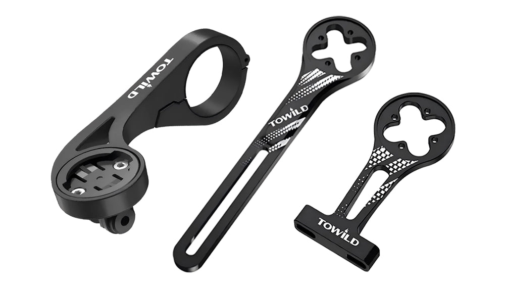 A collection of TOWILD bike computer mounts, including the AS90 out-front mount and the AS70 integrated mount, both featuring a Garmin-compatible top and a GoPro interface underneath for a clean, integrated cockpit.
