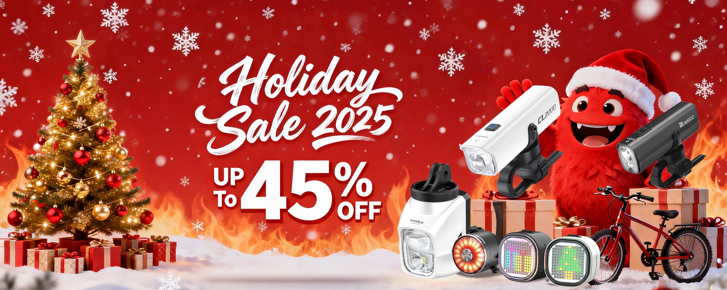 Towild Holiday Sale 2025 desktop banner offering up to 45% off on professional bike lights. Features the new DL1700 under-mount light, CL2000 smart light, and TL08 pixel tail light with festive Christmas decorations.