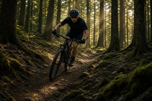 Mountain biker riding a rocky singletrack trail through a sunlit forest