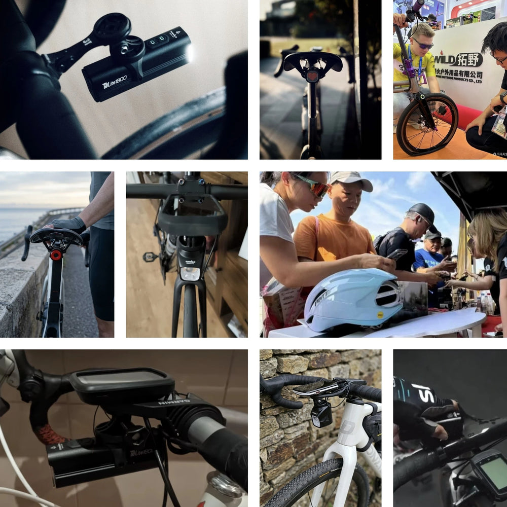 A collage showcasing the TOWILD cycling community and real-world product experiences. Features road and gravel riders utilizing our clean-cockpit under-mounted lights, wireless remotes, smart tail lights, and portable electric pumps, alongside our active engagement with cyclists at local offline events.
