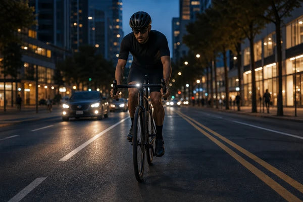 Road cyclist commuting through the city at dusk with a TOWILD front bike light for urban visibility