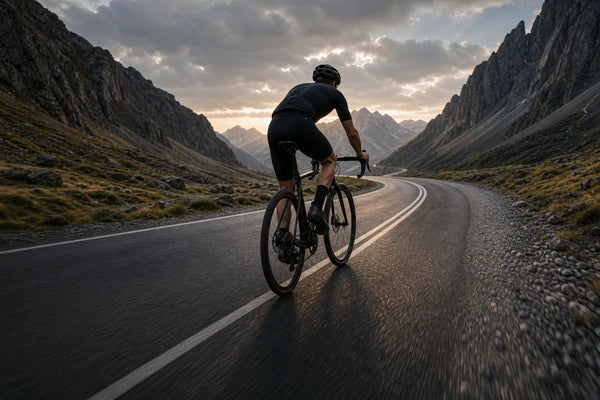 Road and gravel cyclist riding a winding paved mountain pass at sunset