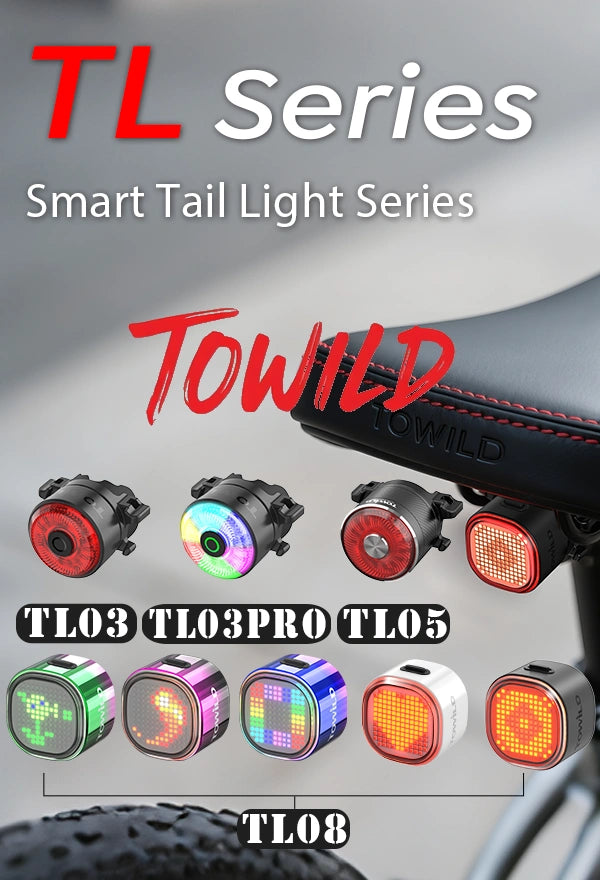 Promotional banner for the TOWILD TL Series Smart Tail Lights, showcasing the full lineup including the TL03, TL03 Pro, TL05, and the customizable pixel-display TL08.