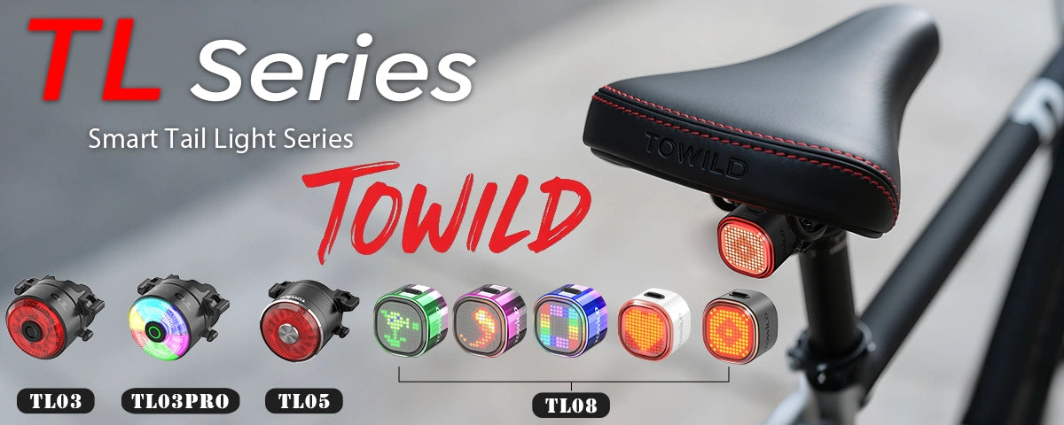Promotional banner for the TOWILD TL Series Smart Tail Lights, showcasing the full lineup including the TL03, TL03 Pro, TL05, and the customizable pixel-display TL08.