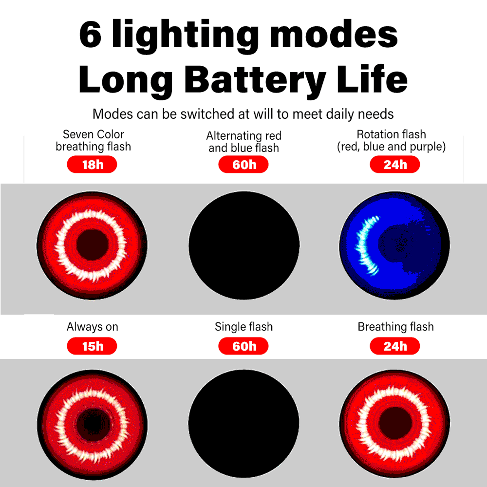 Infographic displaying the 6 colorful lighting modes and battery runtime for the TOWILD TL03 Pro rear bike light.
