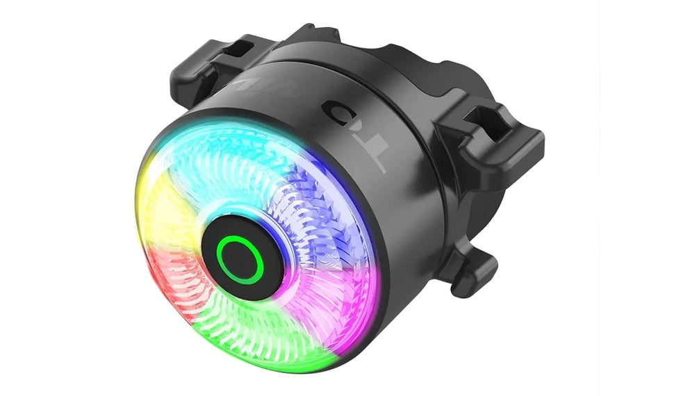 The vibrant TOWILD TL03 Pro smart tail light, featuring eye-catching full-color RGB lighting effects and a unique Team Synchronization mode for group rides.