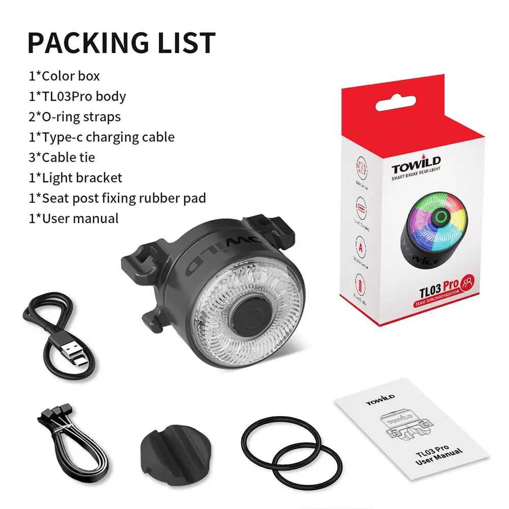The complete package contents for the TOWILD TL03 Pro including the light, USB-C cable, mounts, and user manual.
