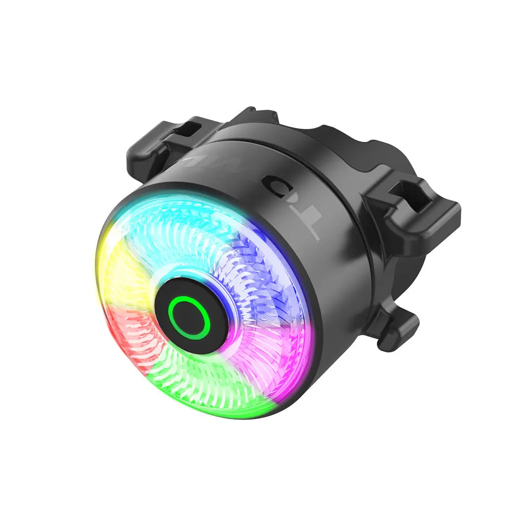 TOWILD TL03 Pro rear bike light displaying its colorful RGB lighting for group ride synchronization.