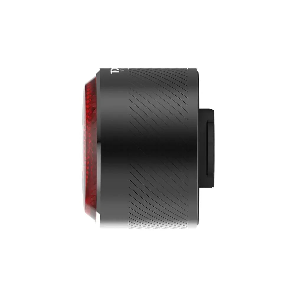 Side profile of the TOWILD TL05 rear bike light, showcasing its durable black aircraft-grade aluminum body with textured machining and compact design.