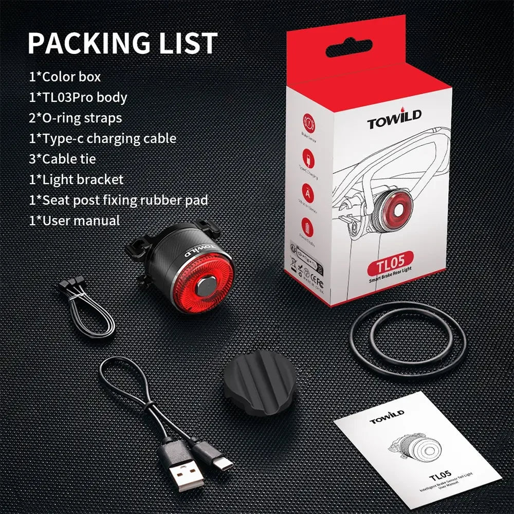 Complete package contents for the TOWILD TL05 aluminum bike light, including mounts and USB-C cable.