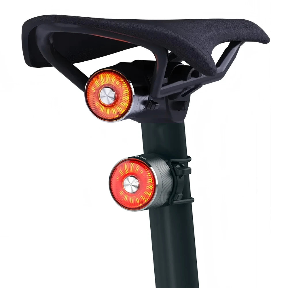 Two TOWILD TL05 rear bike lights demonstrating versatile mounting options, with one light installed on the seat post and the other attached under the saddle rails for complete visibility.