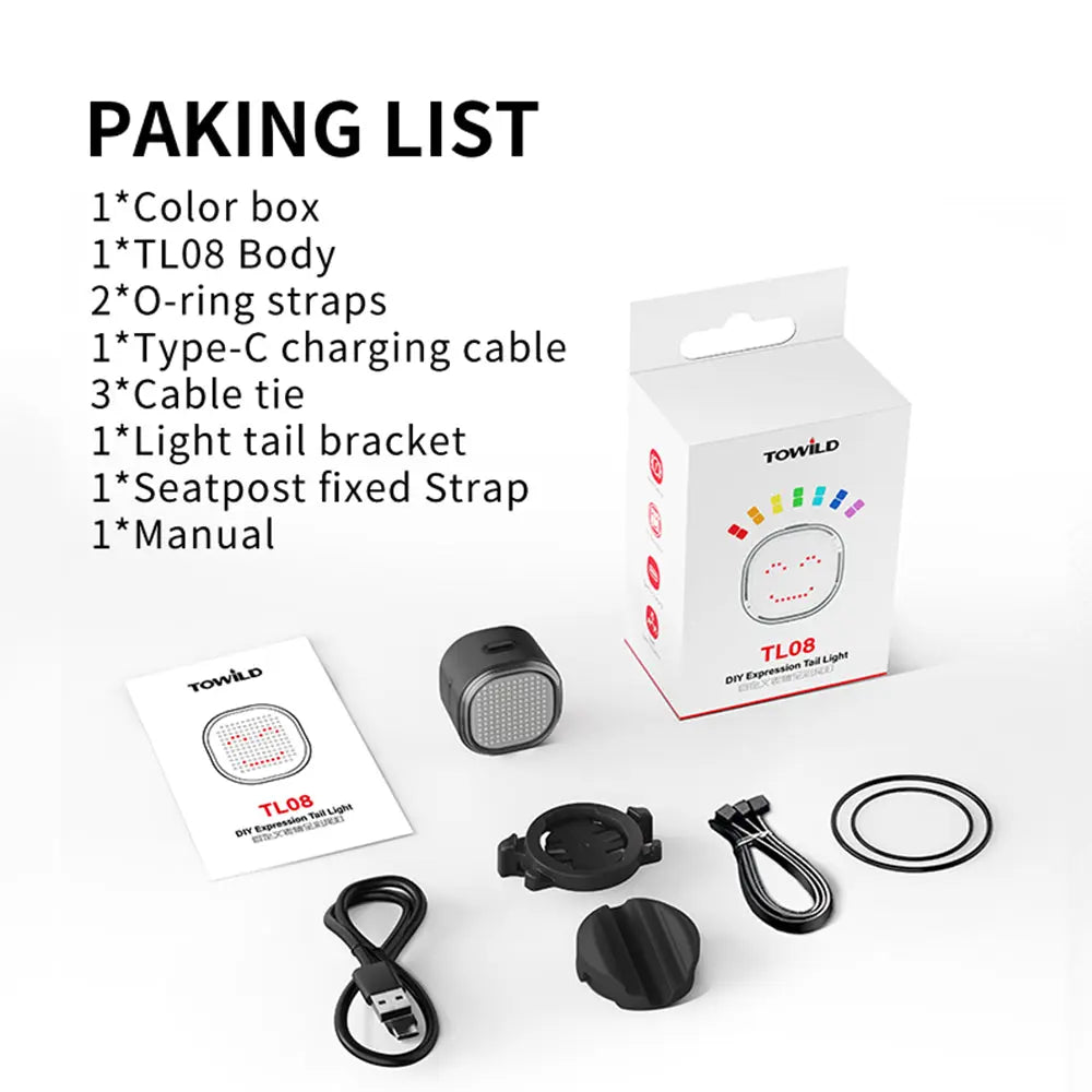 The full package contents for the TOWILD TL08 DIY Expression Tail Light, including the unit, mounts, USB-C cable, and manual.