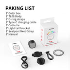 The full package contents for the TOWILD TL08 DIY Expression Tail Light, including the unit, mounts, USB-C cable, and manual.