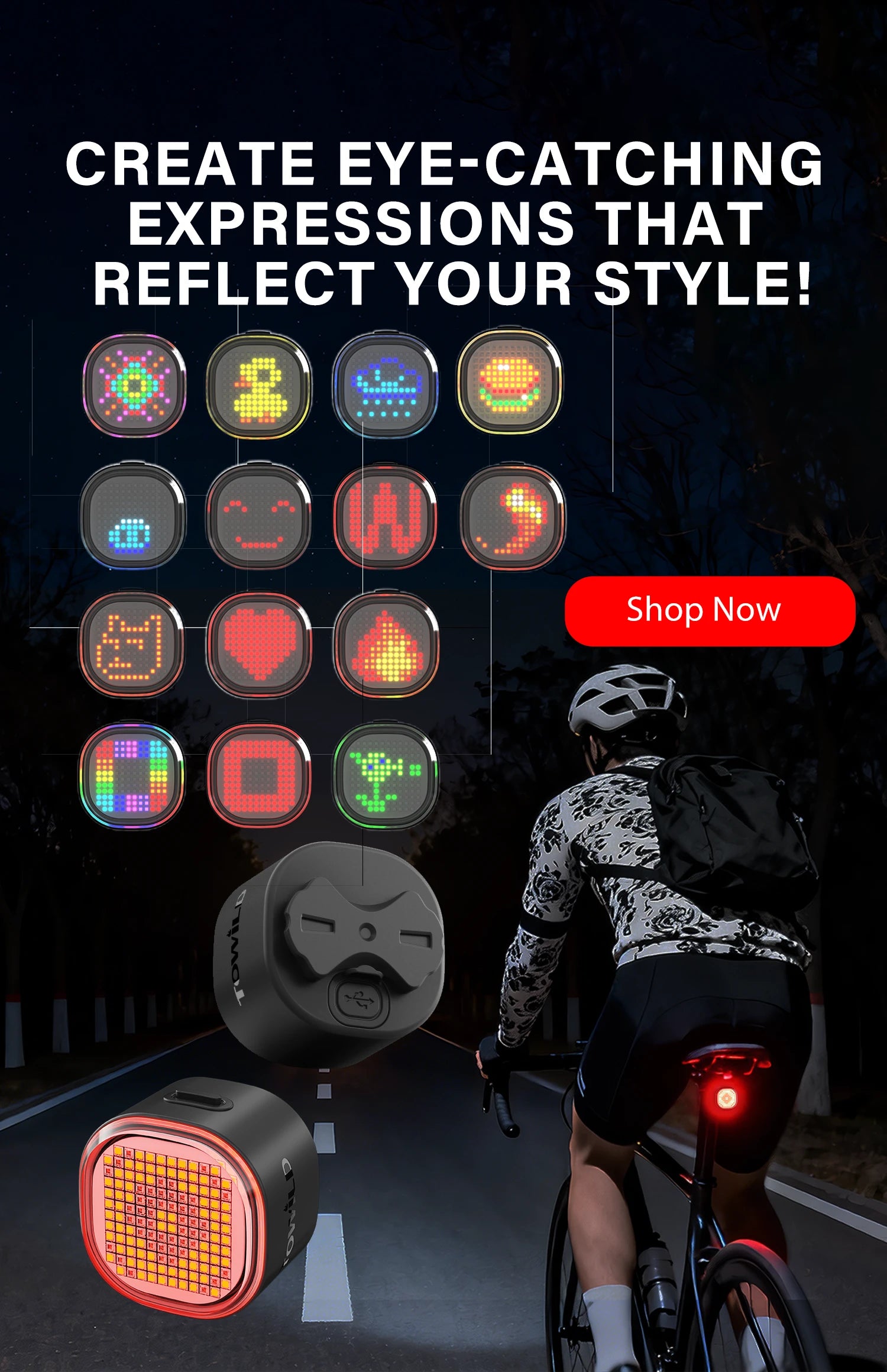 Towild TL08 smart tail light displaying various pixel art expressions. App-controlled rear bike light with brake sensor for night riding safety.