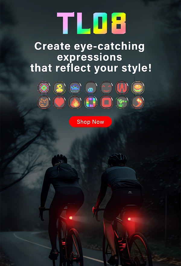 Homepage banner for the TOWILD smart tail light, showing two cyclists at dusk and a grid of customizable, eye-catching pixel art expressions that reflect your style.